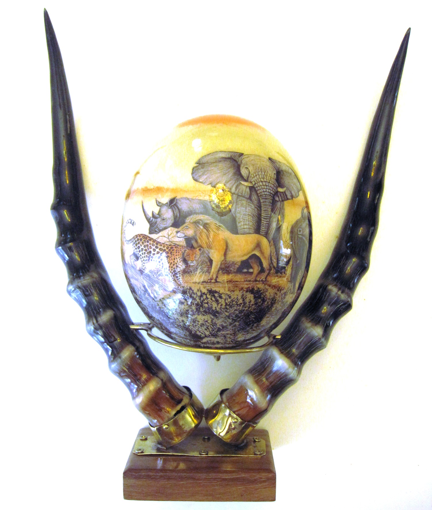 Big Five Decoupage Ostrich Egg with Impala Horn Stand